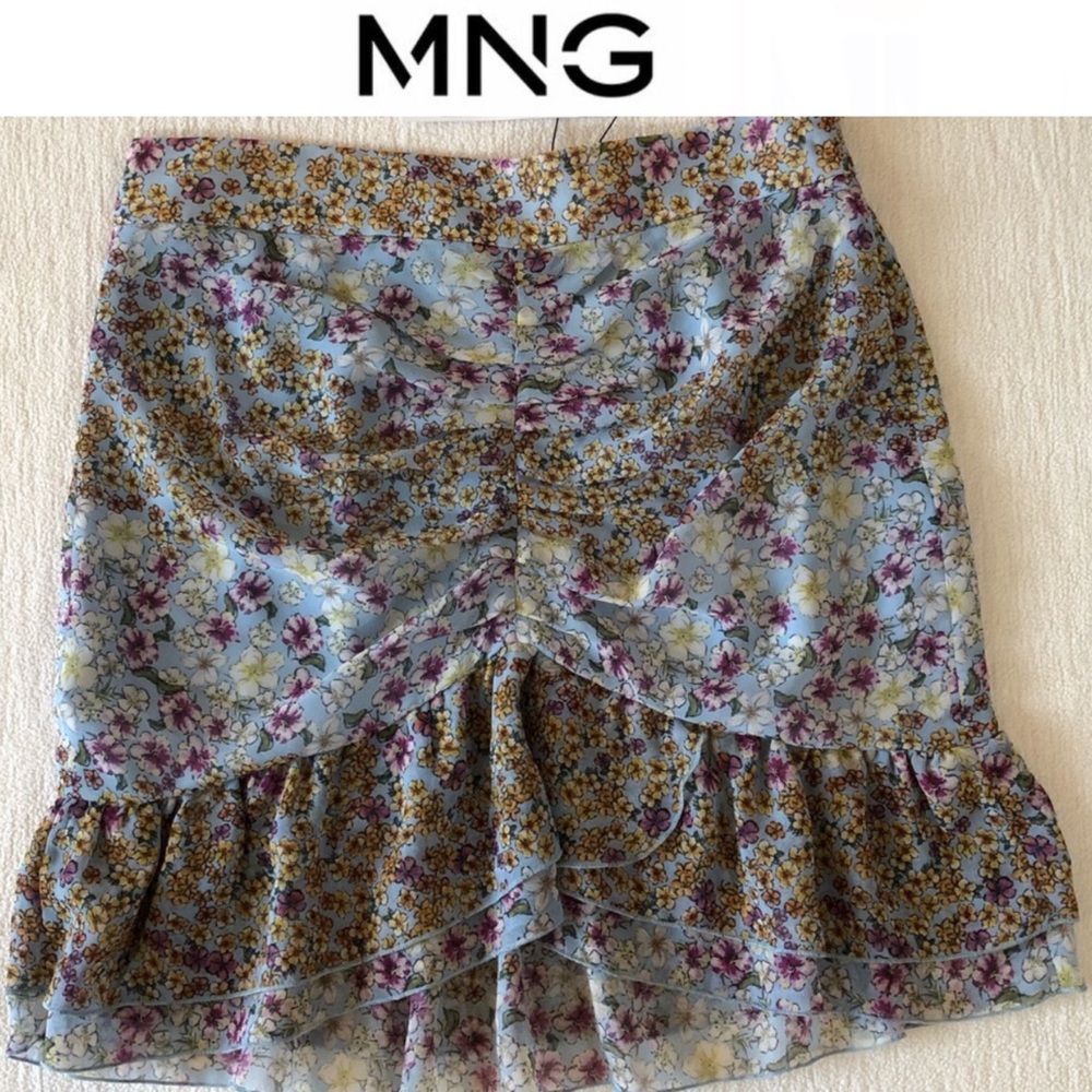 MNG Mango Floral Chiffon Front Ruche Mini Skirt